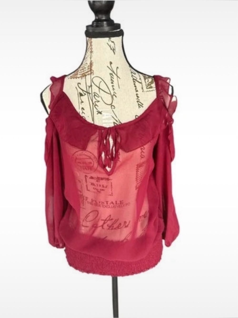 Arden B Cold-Shoulder Ruffle Blouse in Burgundy, small